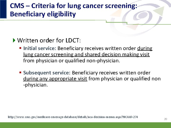 CMS – Criteria for lung cancer screening: Beneficiary eligibility 4 Written order for LDCT: