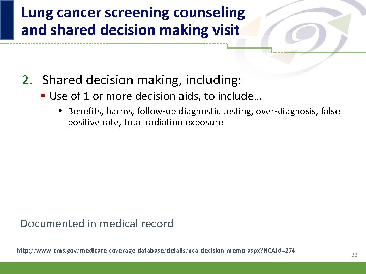 Lung cancer screening counseling and shared decision making visit 2. Shared decision making, including: