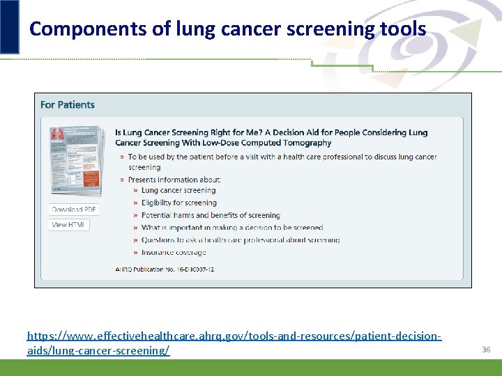 Components of lung cancer screening tools https: //www. effectivehealthcare. ahrq. gov/tools-and-resources/patient-decisionaids/lung-cancer-screening/ 36 