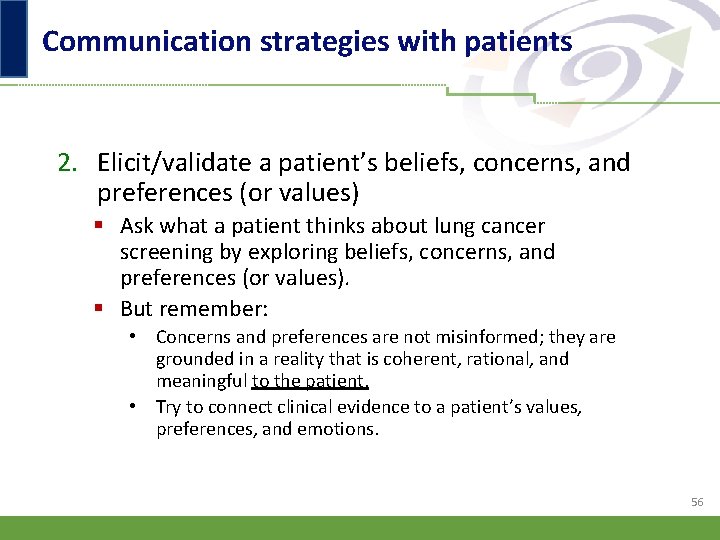 Communication strategies with patients 2. Elicit/validate a patient’s beliefs, concerns, and preferences (or values)