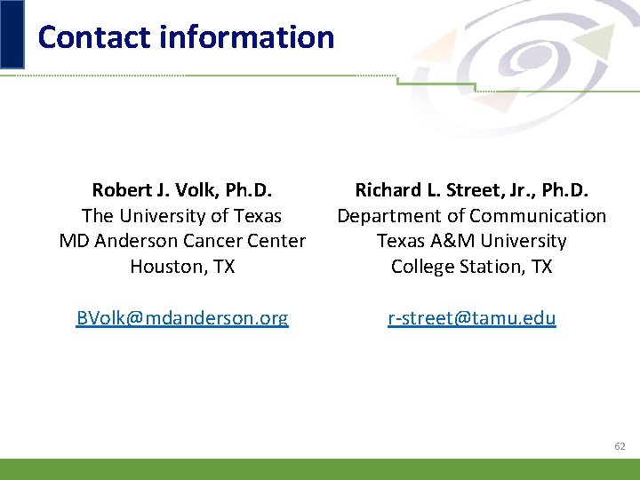 Contact information Robert J. Volk, Ph. D. The University of Texas MD Anderson Cancer