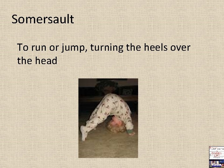 Somersault To run or jump, turning the heels over the head Home 