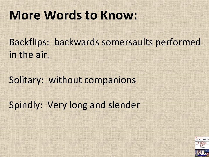 More Words to Know: Backflips: backwards somersaults performed in the air. Solitary: without companions