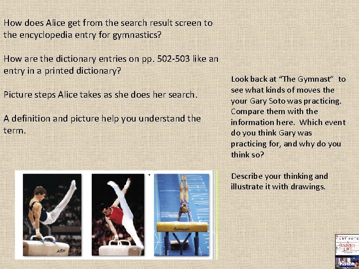 How does Alice get from the search result screen to the encyclopedia entry for