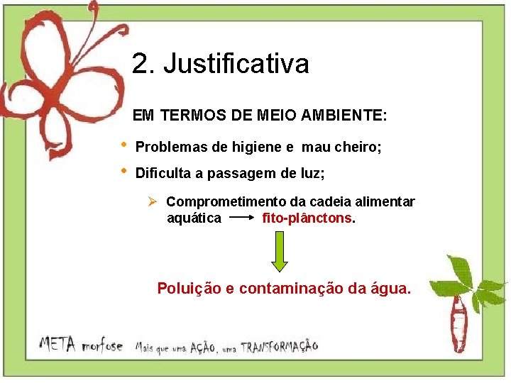 2. Justificativa EM TERMOS DE MEIO AMBIENTE: • • Problemas de higiene e mau