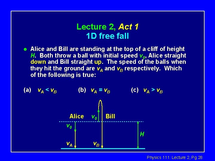 Lecture 2, Act 1 1 D free fall l Alice and Bill are standing