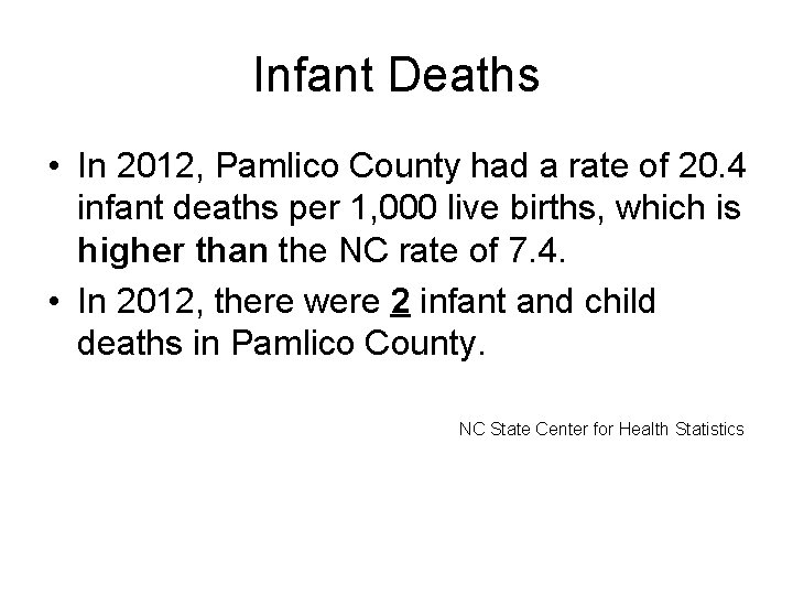 Infant Deaths • In 2012, Pamlico County had a rate of 20. 4 infant