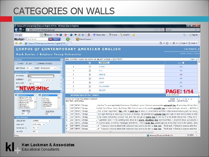 CATEGORIES ON WALLS NEWS: Misc Ken Lackman & Associates Educational Consultants PAGE: 1/14 