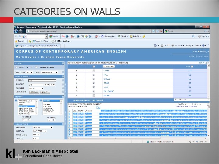 CATEGORIES ON WALLS Ken Lackman & Associates Educational Consultants 