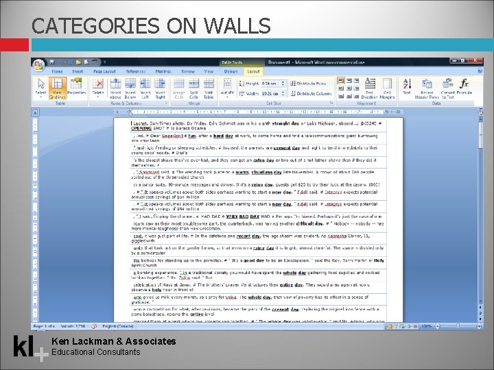 CATEGORIES ON WALLS Ken Lackman & Associates Educational Consultants 