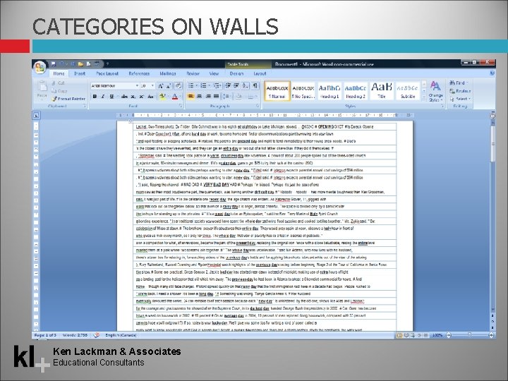 CATEGORIES ON WALLS Ken Lackman & Associates Educational Consultants 