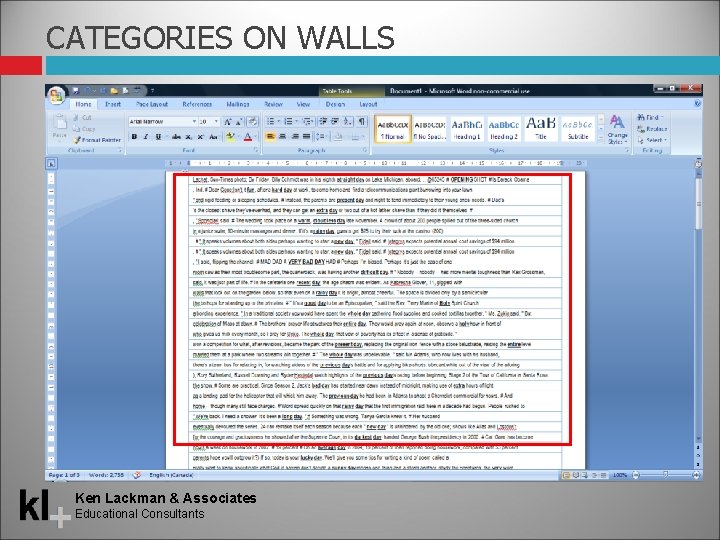 CATEGORIES ON WALLS Ken Lackman & Associates Educational Consultants 