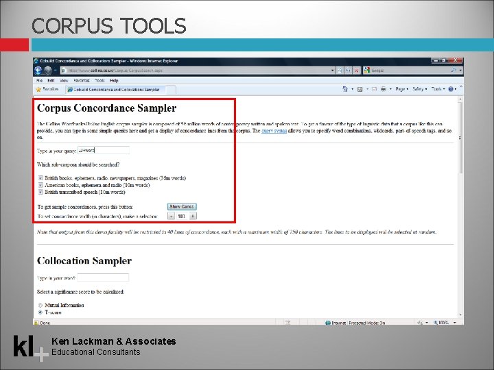 CORPUS TOOLS Ken Lackman & Associates Educational Consultants 