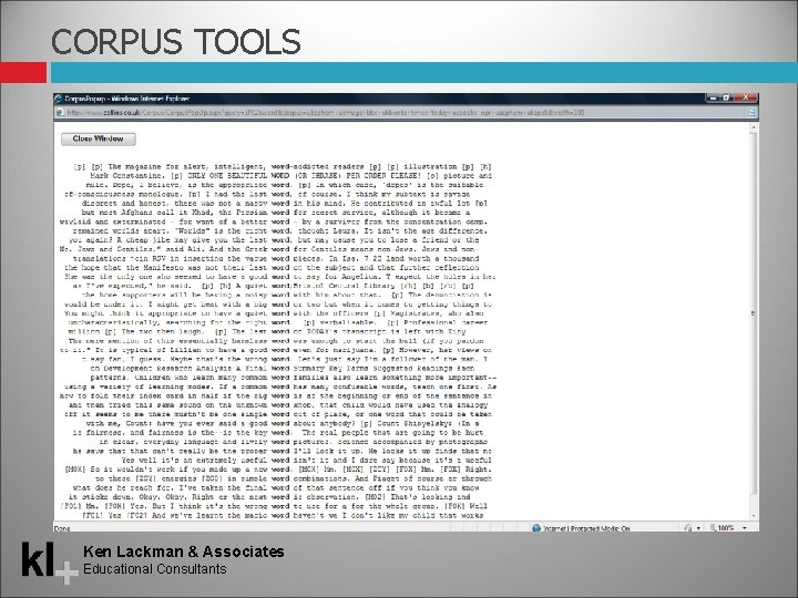 CORPUS TOOLS Ken Lackman & Associates Educational Consultants 