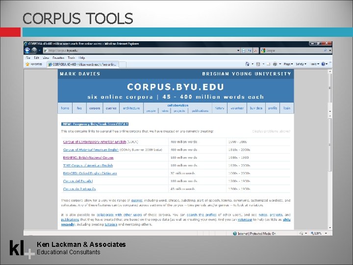 CORPUS TOOLS Ken Lackman & Associates Educational Consultants 