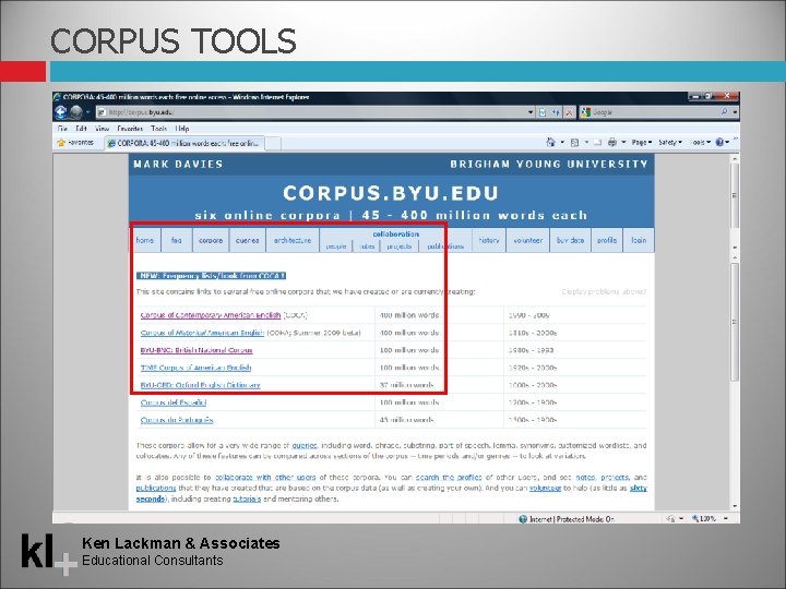 CORPUS TOOLS Ken Lackman & Associates Educational Consultants 