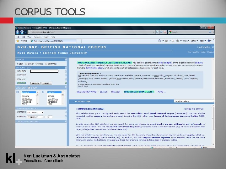 CORPUS TOOLS Ken Lackman & Associates Educational Consultants 