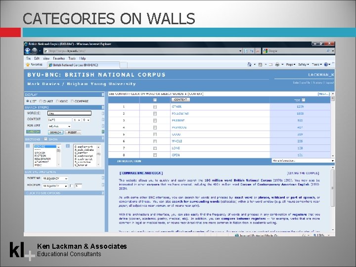 CATEGORIES ON WALLS Ken Lackman & Associates Educational Consultants 