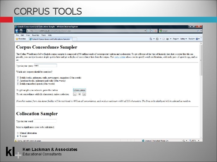 CORPUS TOOLS Ken Lackman & Associates Educational Consultants 