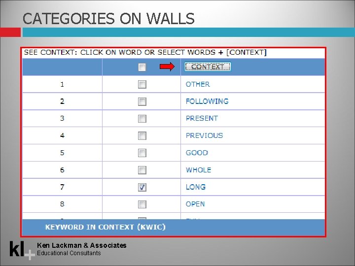 CATEGORIES ON WALLS Ken Lackman & Associates Educational Consultants 