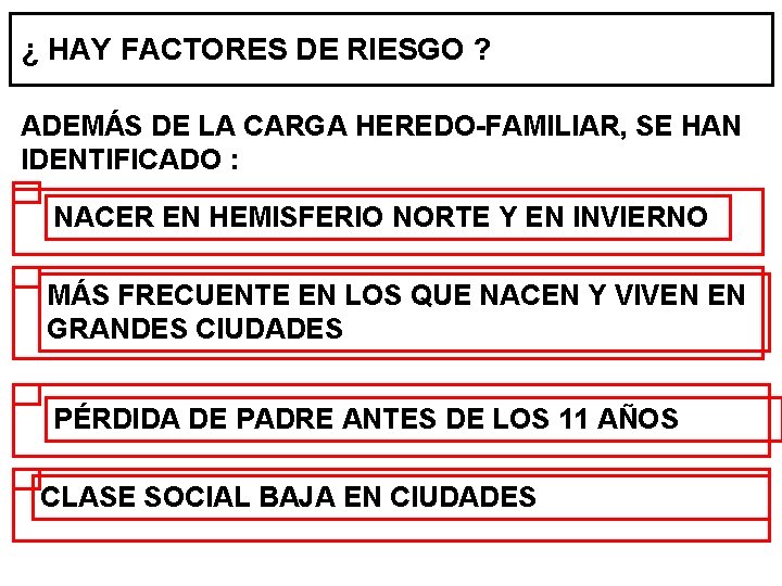 ¿ HAY FACTORES DE RIESGO ? ADEMÁS DE LA CARGA HEREDO-FAMILIAR, SE HAN IDENTIFICADO ¿ HAY FACTORES DE RIESGO ? ADEMÁS DE LA CARGA HEREDO-FAMILIAR, SE HAN IDENTIFICADO