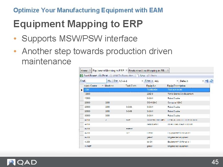 Optimize Your Manufacturing Equipment with EAM Equipment Mapping to ERP • Supports MSW/PSW interface Optimize Your Manufacturing Equipment with EAM Equipment Mapping to ERP • Supports MSW/PSW interface