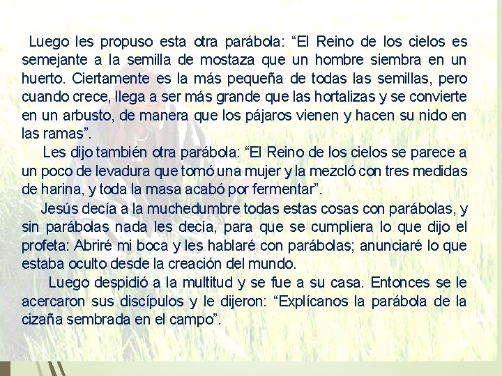 Luego les propuso esta otra parábola: “El Reino de los cielos es semejante a Luego les propuso esta otra parábola: “El Reino de los cielos es semejante a