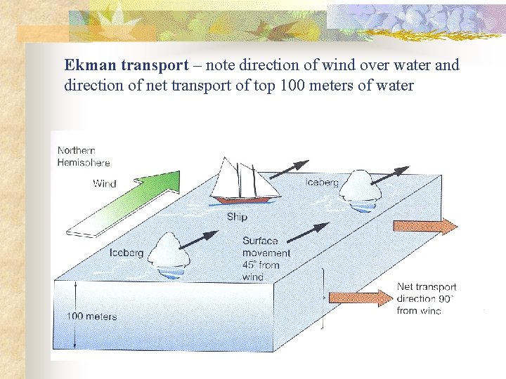 Ekman transport – note direction of wind over water and direction of net transport