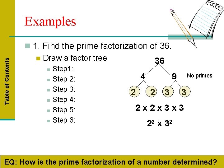 Table of Contents Examples n 1. Find the prime factorization of 36. n Draw