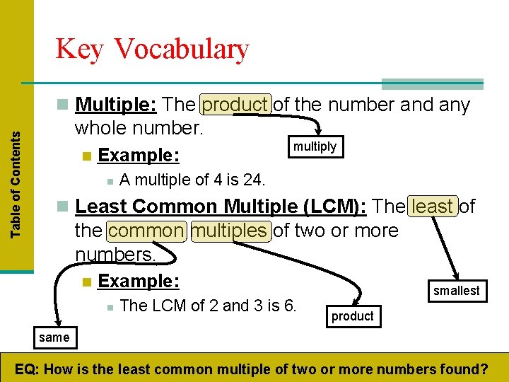 Key Vocabulary Table of Contents n Multiple: The product of the number and any