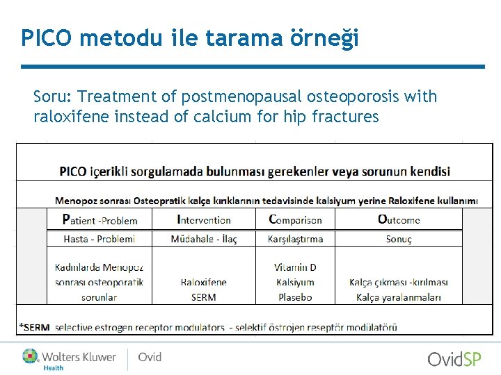 PICO metodu ile tarama örneği Soru: Treatment of postmenopausal osteoporosis with raloxifene instead of