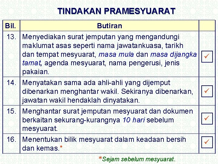 TINDAKAN PRAMESYUARAT Bil. Butiran 13. Menyediakan surat jemputan yang mengandungi maklumat asas seperti nama