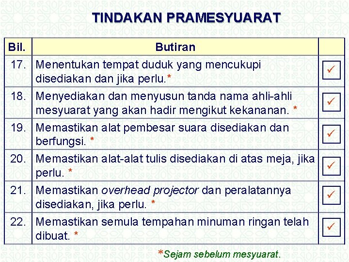 TINDAKAN PRAMESYUARAT Bil. Butiran 17. Menentukan tempat duduk yang mencukupi disediakan dan jika perlu.