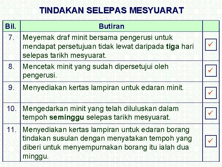 TINDAKAN SELEPAS MESYUARAT Bil. Butiran 7. Meyemak draf minit bersama pengerusi untuk mendapat persetujuan