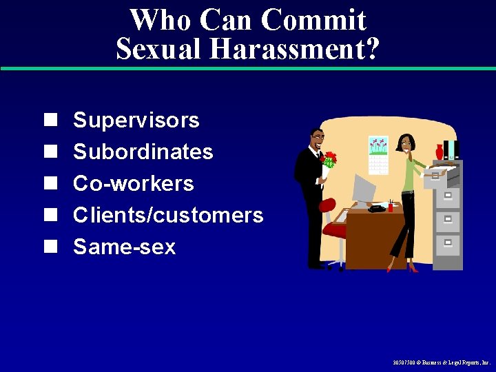 Who Can Commit Sexual Harassment? n n n Supervisors Subordinates Co-workers Clients/customers Same-sex 30507500