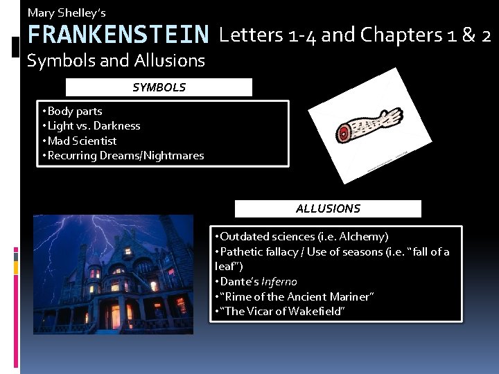 Mary Shelley’s FRANKENSTEIN Letters 1 -4 and Chapters 1 & 2 Symbols and Allusions