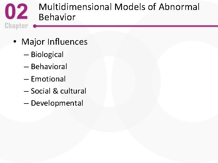 Multidimensional Models of Abnormal Behavior • Major Influences – Biological – Behavioral – Emotional