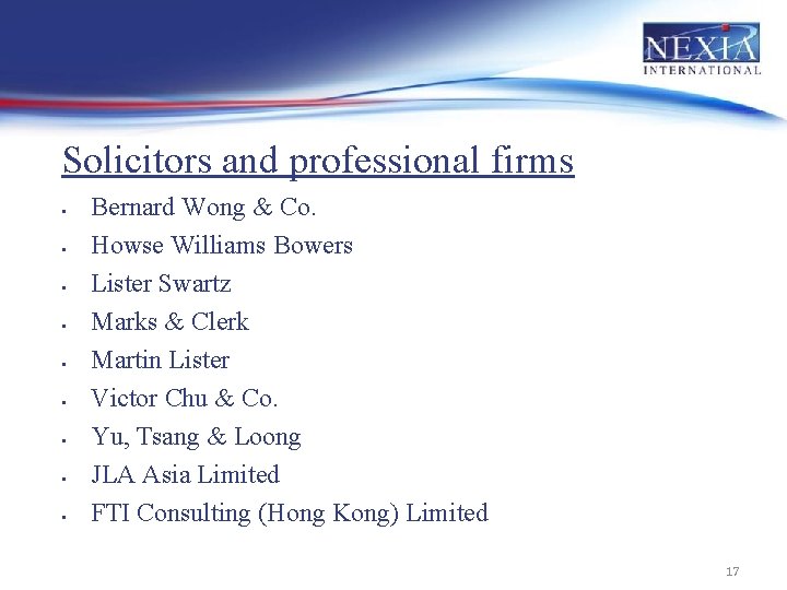 Solicitors and professional firms Bernard Wong & Co. Howse Williams Bowers Lister Swartz Marks