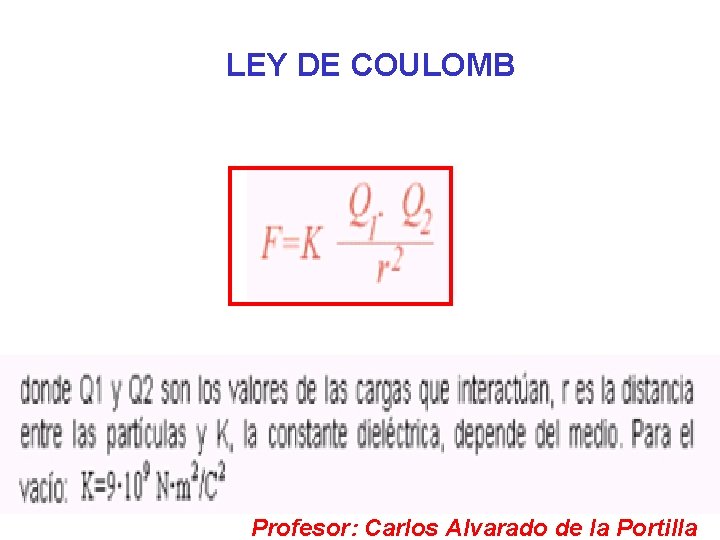 LEY DE COULOMB Profesor: Carlos Alvarado de la Portilla 