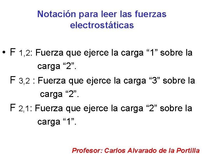 Notación para leer las fuerzas electrostáticas • F 1, 2: Fuerza que ejerce la