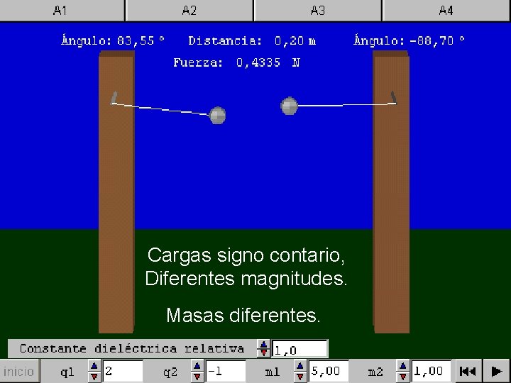 Cargas signo contario, Diferentes magnitudes. Masas diferentes. 