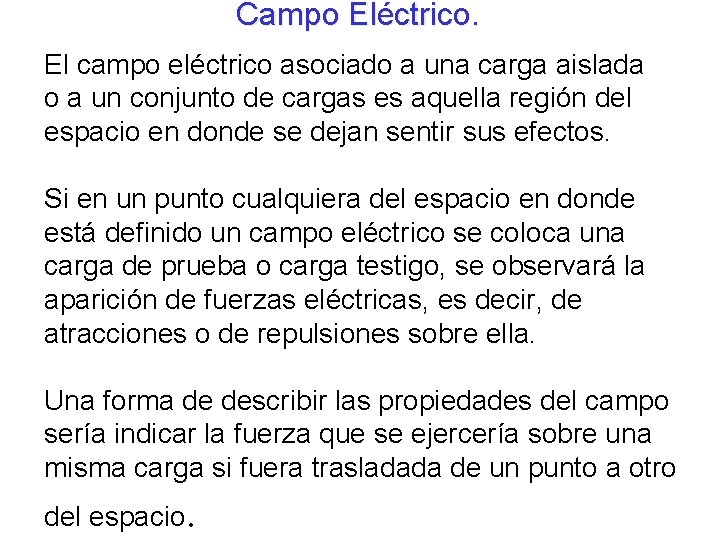 Campo Eléctrico. El campo eléctrico asociado a una carga aislada o a un conjunto