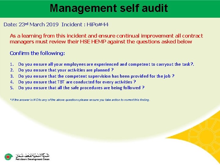 Management self audit Main contractor name – LTI# - Date of incident Date: 23