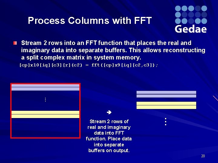Process Columns with FFT Stream 2 rows into an FFT function that places the