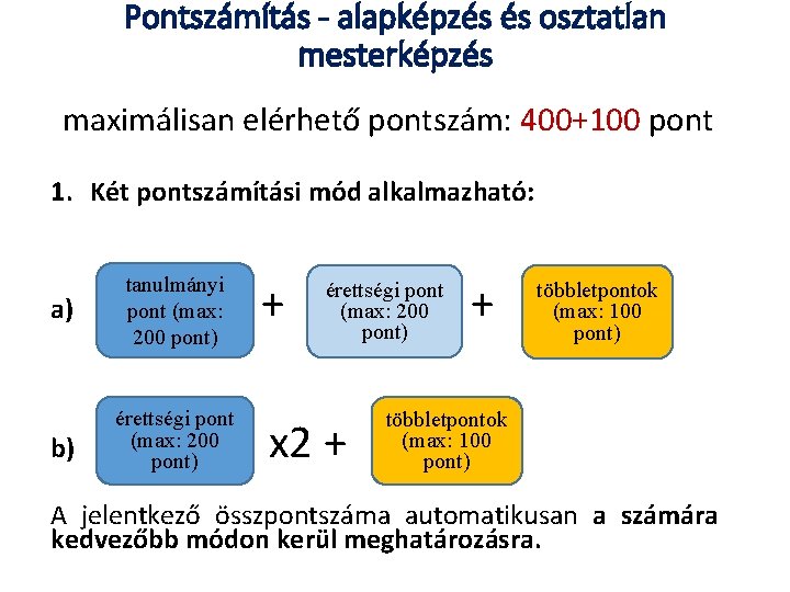 Pontszámítás - alapképzés és osztatlan mesterképzés maximálisan elérhető pontszám: 400+100 pont 1. Két pontszámítási