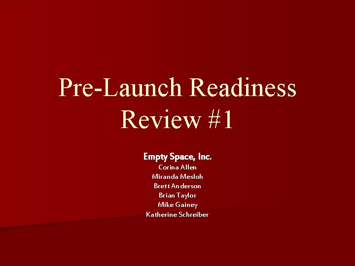 Pre-Launch Readiness Review #1 Empty Space, Inc. Corina Allen Miranda Mesloh Brett Anderson Brian