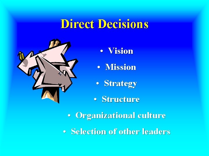 Direct Decisions • Vision • Mission • Strategy • Structure • Organizational culture •