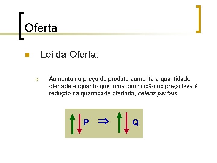 Oferta Lei da Oferta: n ¡ Aumento no preço do produto aumenta a quantidade Oferta Lei da Oferta: n ¡ Aumento no preço do produto aumenta a quantidade