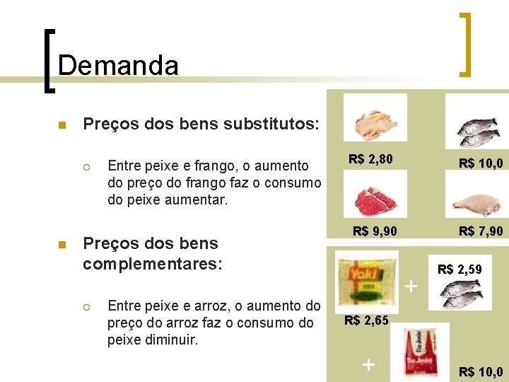 Demanda n Preços dos bens substitutos: ¡ n Entre peixe e frango, o aumento Demanda n Preços dos bens substitutos: ¡ n Entre peixe e frango, o aumento