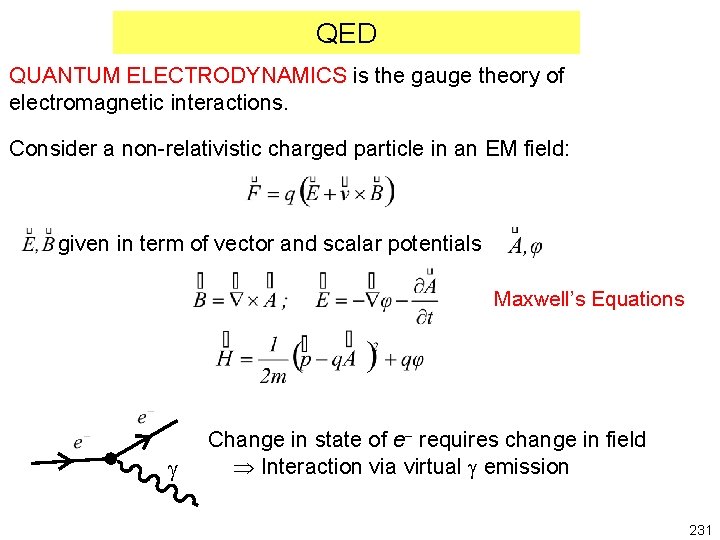 QED QUANTUM ELECTRODYNAMICS is the gauge theory of electromagnetic interactions. Consider a non-relativistic charged